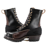 Eight tall black leather boot with rubber sole.