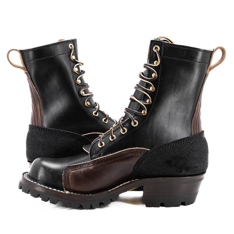 Eight tall black leather boot with rubber sole.