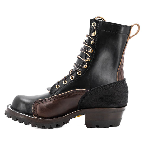 Eight inch tall black leather boot with rubber sole.