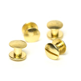 Detail shot of a solid brass Chicago screws, highlighting their durable construction and classic golden sheen.