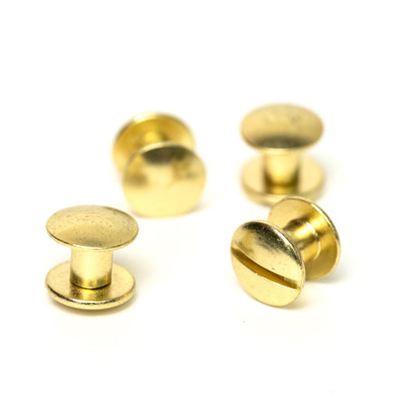 Detail shot of a solid brass Chicago screws, highlighting their durable construction and classic golden sheen.