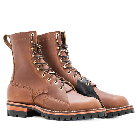Nicks and Rose Anvil ND2 collaboration boot. 1964 brown smooth with unique two eyelet lineman patches. brown waxed flesh inside patch, and 1964 brown smooth outside