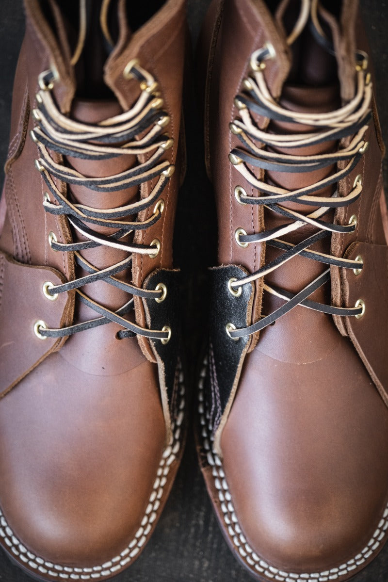 Nicks and Rose Anvil ND2 collaboration boot. 1964 brown smooth with unique two eyelet lineman patches. brown waxed flesh inside patch, and 1964 brown smooth outside