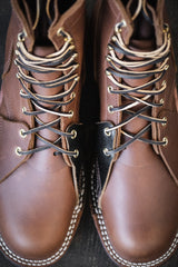Nicks and Rose Anvil ND2 collaboration boot. 1964 brown smooth with unique two eyelet lineman patches. brown waxed flesh inside patch, and 1964 brown smooth outside