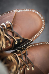 Nicks and Rose Anvil ND2 collaboration boot. 1964 brown smooth with unique two eyelet lineman patches. brown waxed flesh inside patch, and 1964 brown smooth outside