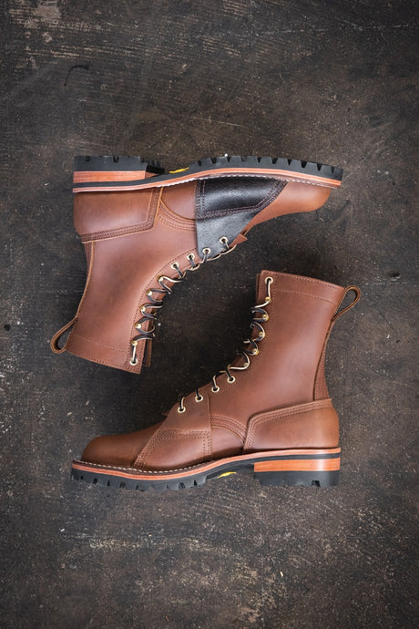 Nicks and Rose Anvil ND2 collaboration boot. 1964 brown smooth with unique two eyelet lineman patches. brown waxed flesh inside patch, and 1964 brown smooth outside