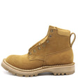A single tan suede lace-up boot with a thick beige sole and metal eyelets, shown from a side profile on a white background.
