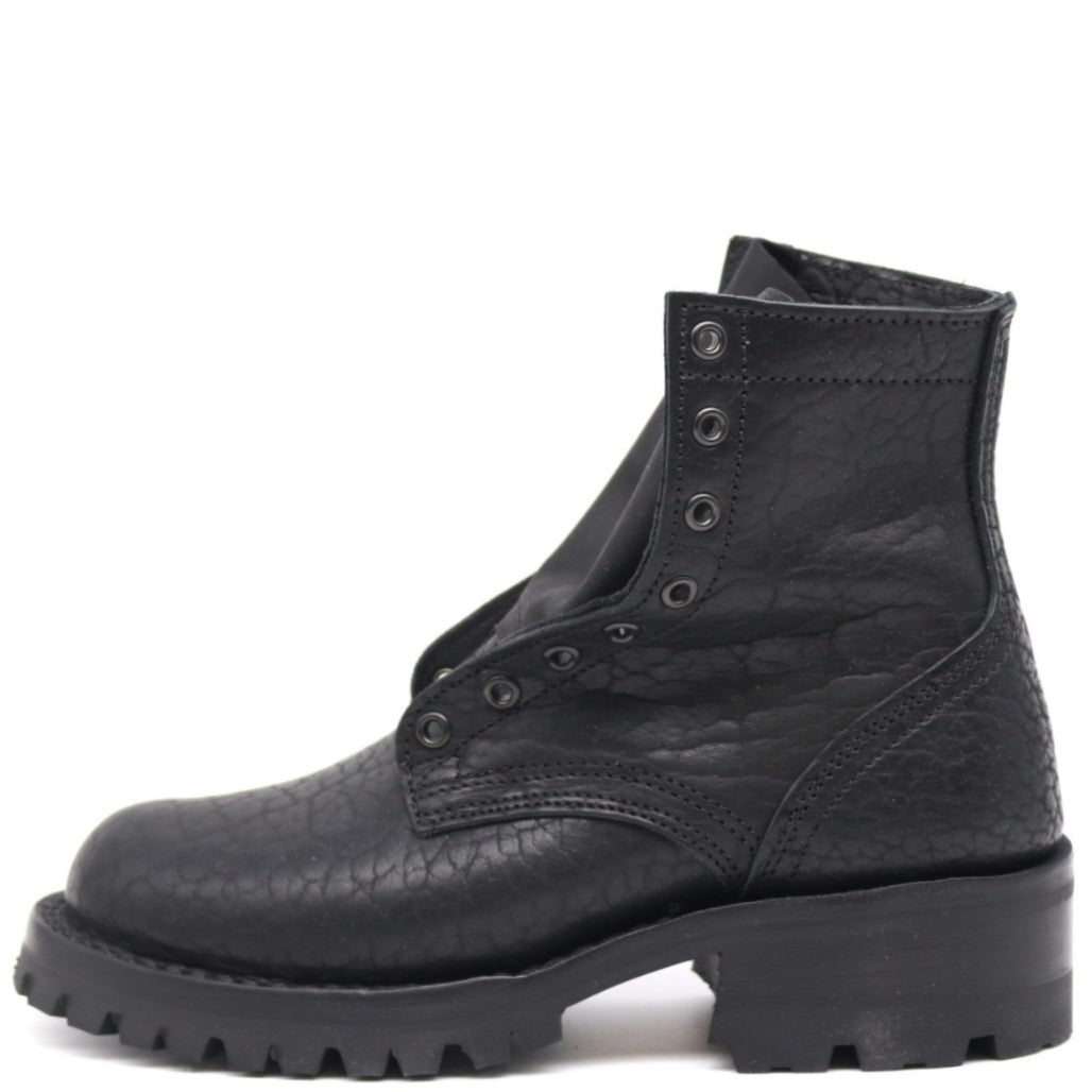 Black Bison leather, 6 inches tall, with black lug sole and a black edge on a white background