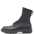 A black leather lace-up ankle boot with a pull tab, shown in a side profile view against a plain white background.