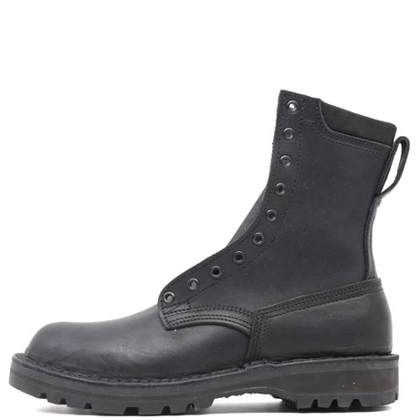 A black leather lace-up ankle boot with a pull tab, shown in a side profile view against a plain white background.