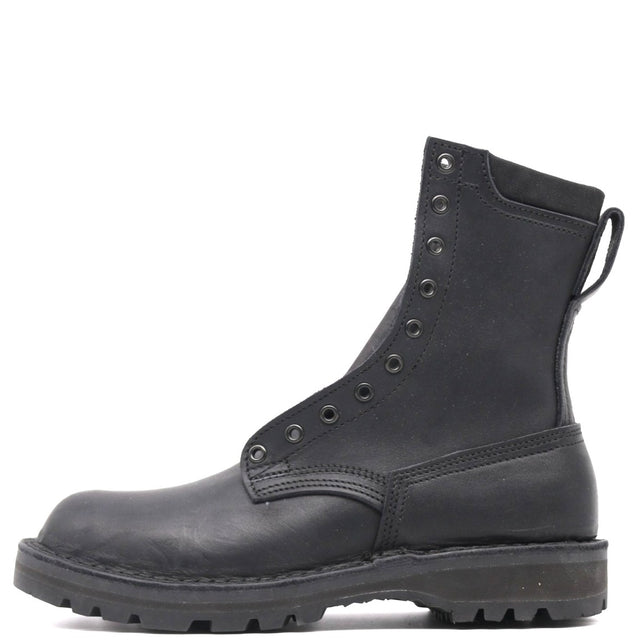 A black leather lace-up ankle boot with a pull tab, shown in a side profile view against a plain white background.