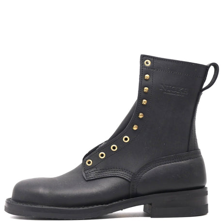 A black leather lace-up ankle boot with gold-tone metal eyelets and studs, featuring a pull loop and a low block heel, shown from a side profile on a white background.