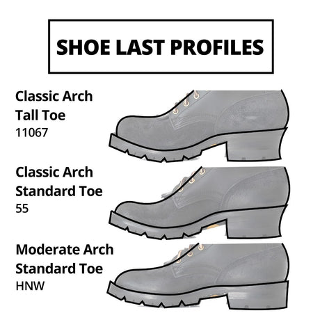 Three shoe profiles.  11067 classic arch.  55 classic arch.  HNW moderate arch.