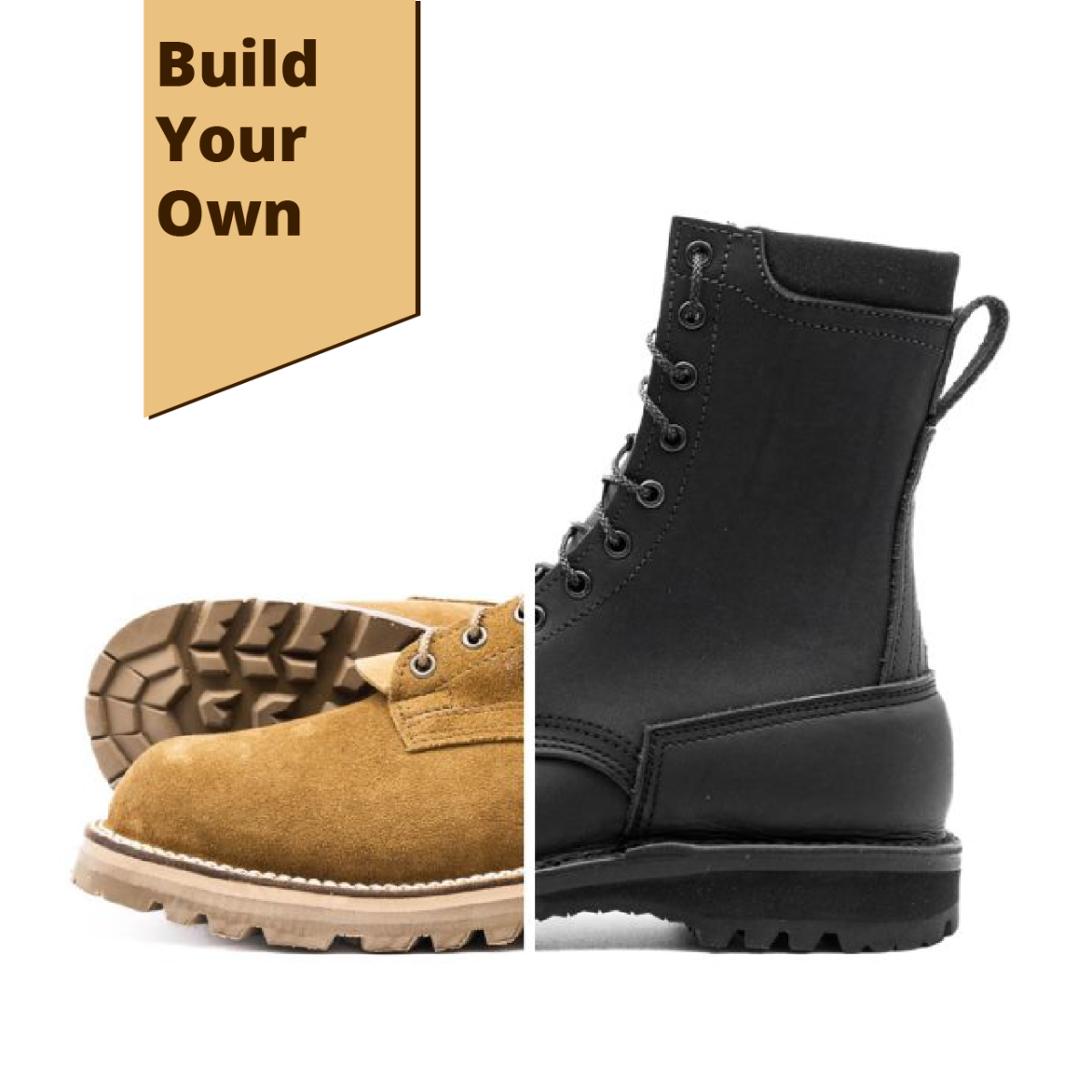 Photo depicting leather options for a tactical boot.  Coyote tan roughout leather and black smooth leather.  8 inches tall.  Tan and black sole.