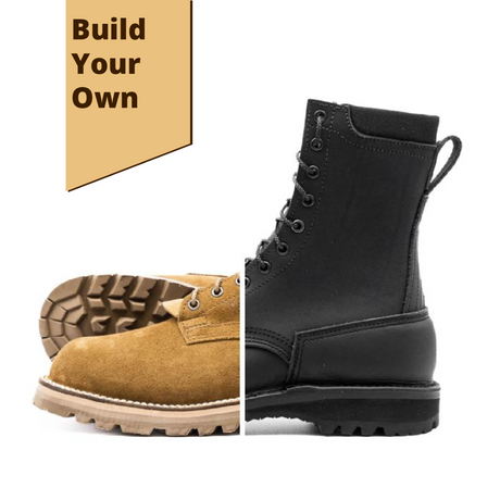 Photo depicting leather options for a tactical boot.  Coyote tan roughout leather and black smooth leather.  8 inches tall.  Tan and black sole.