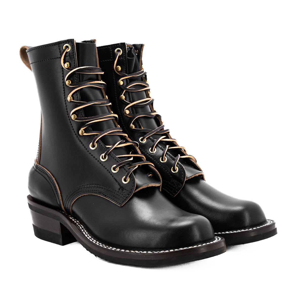 Eight inch tall black leather boot with brown backstay with a rubber sole.