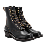 Eight inch tall black leather boot with brown backstay with a rubber sole.