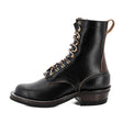 Eight inch tall black leather boot with brown backstay with a rubber sole.