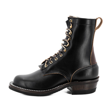 Eight inch tall black leather boot with brown backstay with a rubber sole.